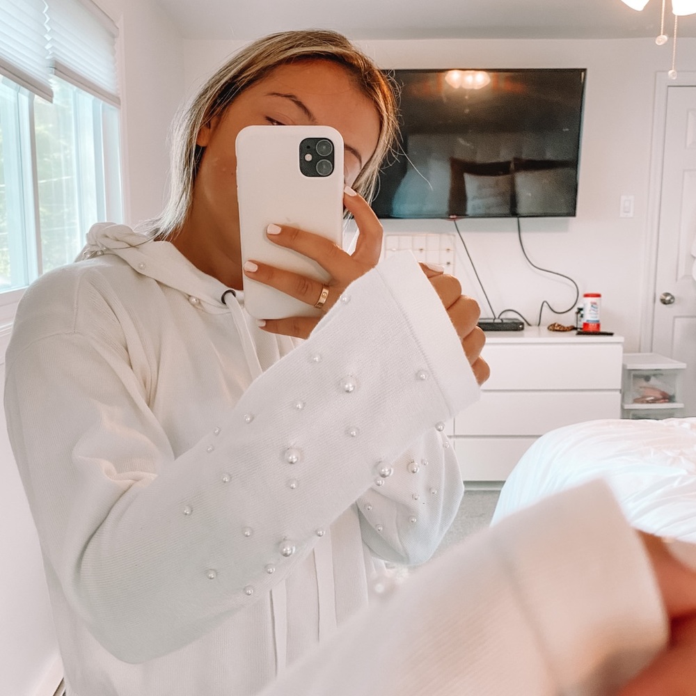 White Hoodie Sweatshirt - Pearl Accents